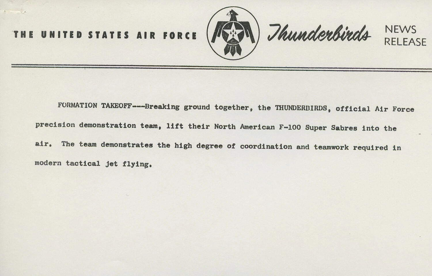 USAF Thunderbirds Official News Release Caption Sheet - 'Formation Takeoff'