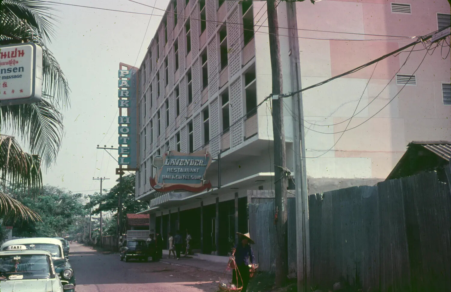 Street Scene with Park Hotel and Lavender Restaurant Sign, Likely Bangkok, Thailand, circa 1965