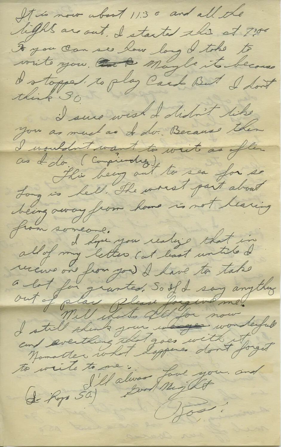 Handwritten WWII Sweetheart Letter, "Rose" to a Serviceman at Sea
