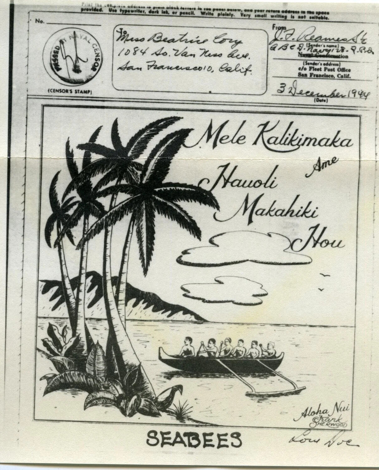 V-Mail Christmas/New Year Greeting Card, U.S. Navy Seabees, 'Mele Kalikimaka' Illustration, 3 December 1944