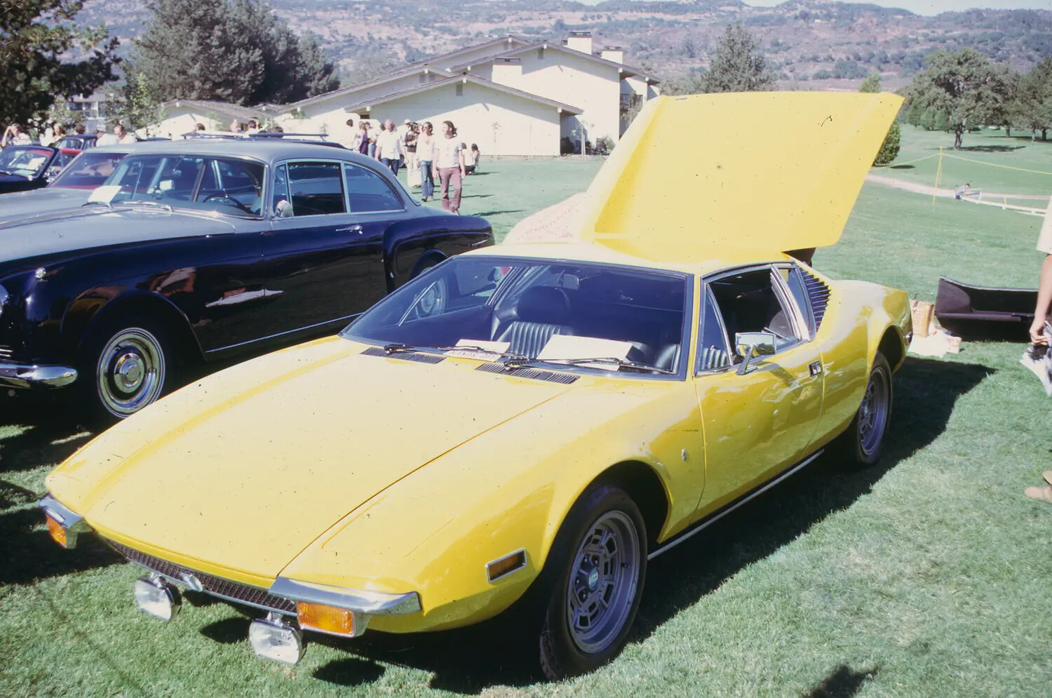 Color Slide of Yellow De Tomaso Pantera and Vintage Sedan at Outdoor Car Show (Misfiled/Unrelated to Vietnam TET Collection)