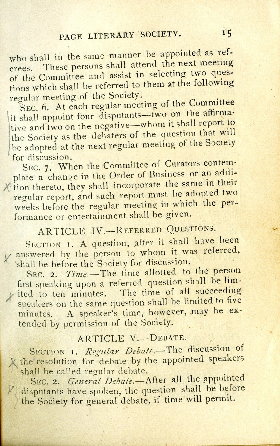Page Literary Society Rule Book, Page 15 – Willis W. Wagener WWI Collection