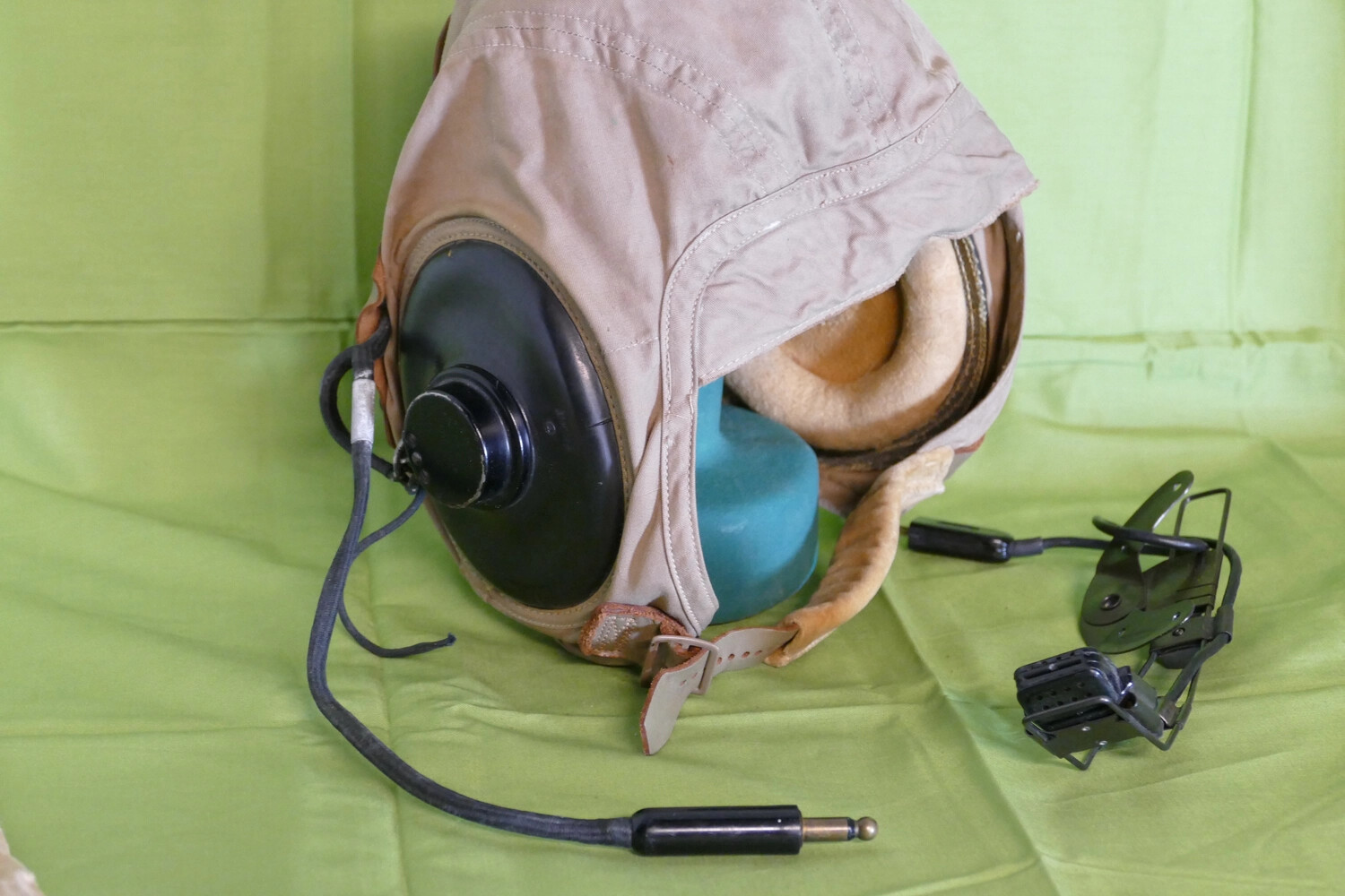 U.S. Navy Cloth Flying Helmet with Integrated Earphone and Throat Microphone Bracket, Korean War Era
