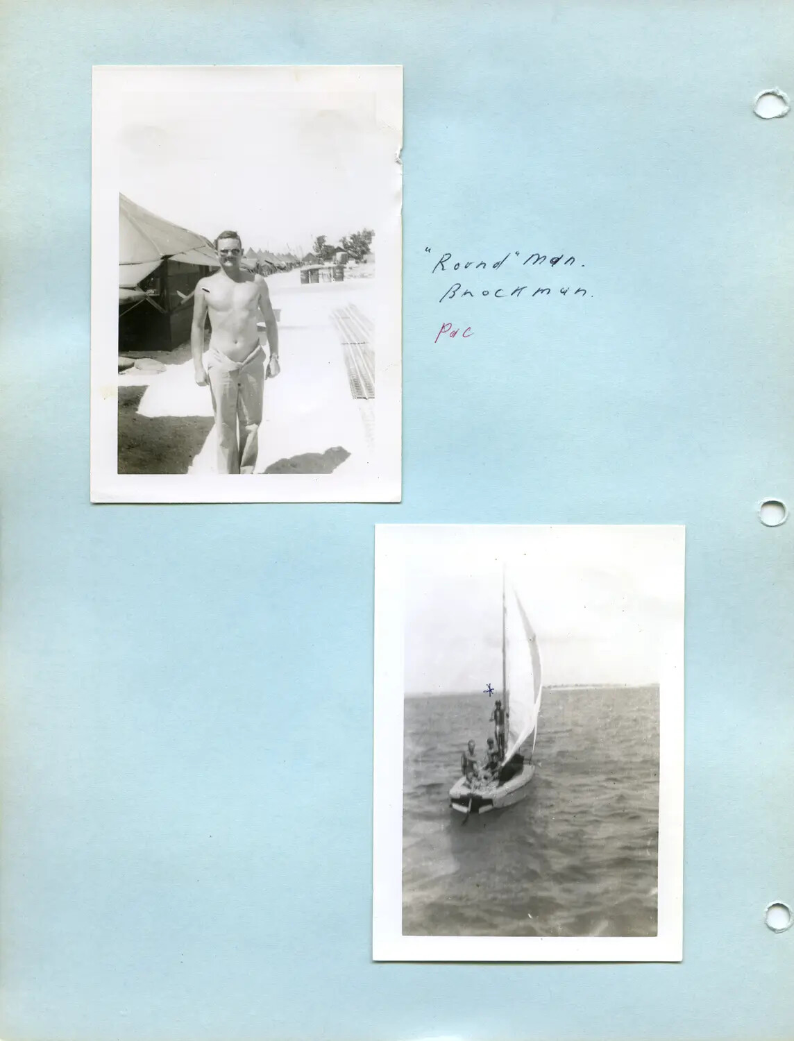 WWII Photo Album Page: 'Brockman' at Pacific Tent Camp and Servicemen Sailing, Edward P. McAleer Collection