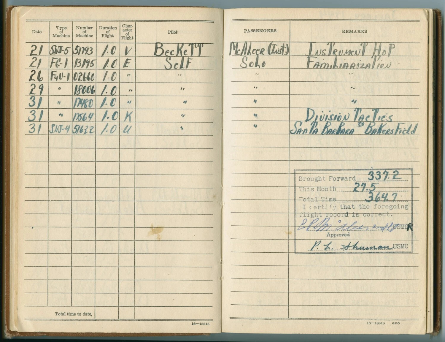 Naval Aviator's Flight Log Book Pages, Edward P. McAleer, 1942-1948