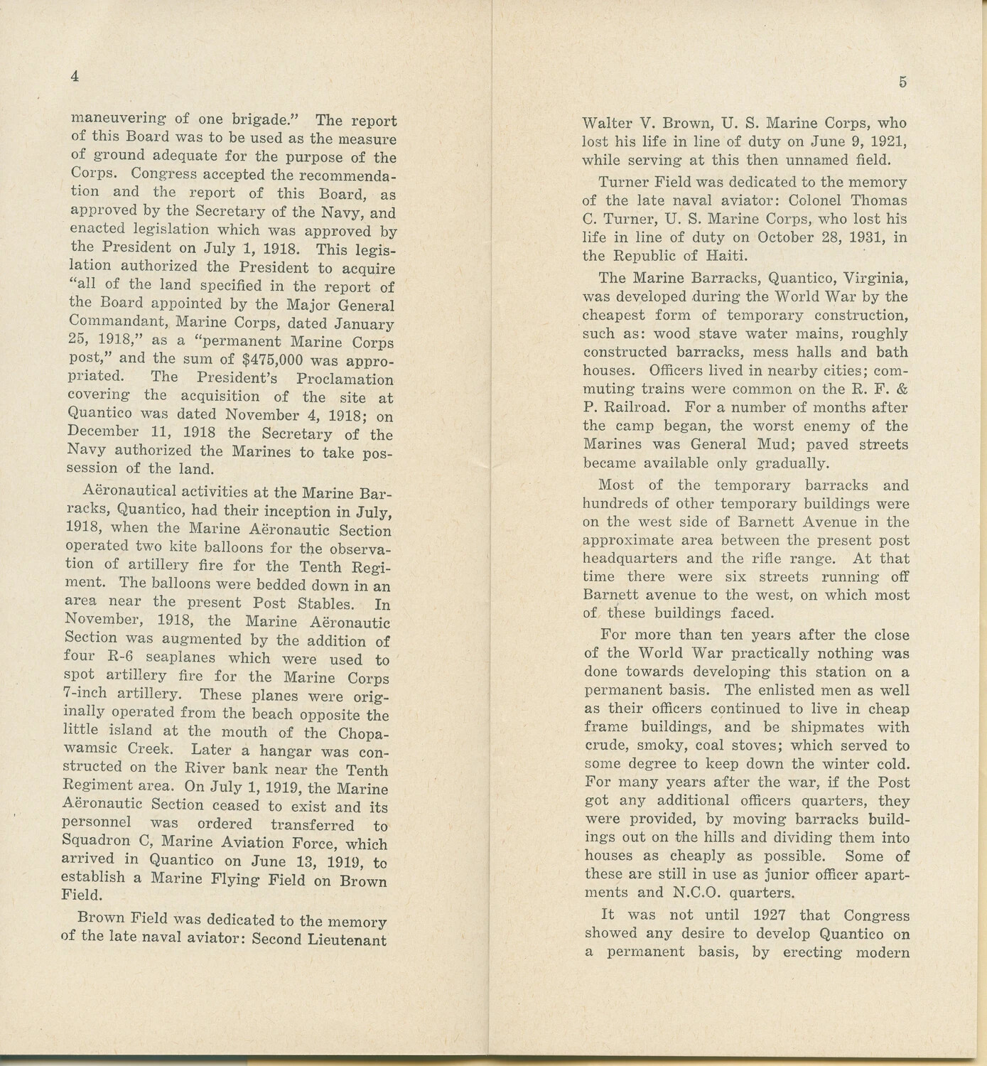 Printed Command History Booklet, Pages 4-5: Early Aeronautical History of Marine Barracks, Quantico, Virginia