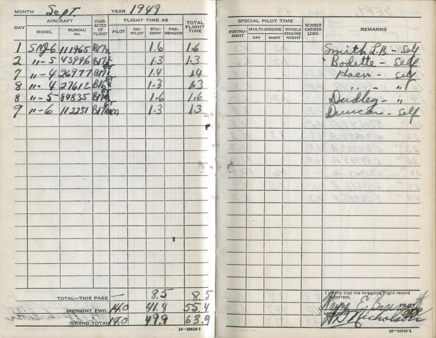 Naval Aviator's Flight Logbook, September 1949 — SNJ Trainer Flight Entries (Bancroft Collection)