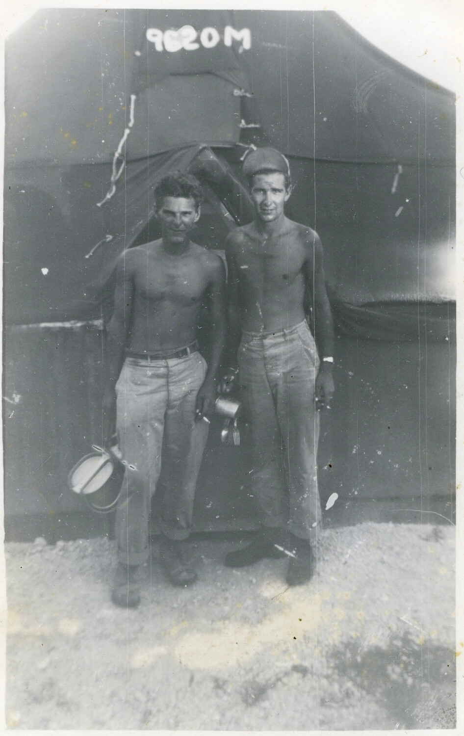 Two American Servicemen at Camp, Okinawa, WWII Pacific Theater