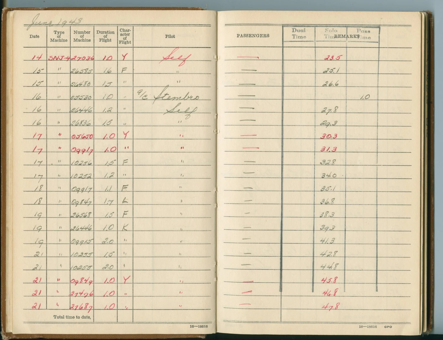 Pat McAleer Flight Log Book, June 1943 — SNJ-4 Training Flights