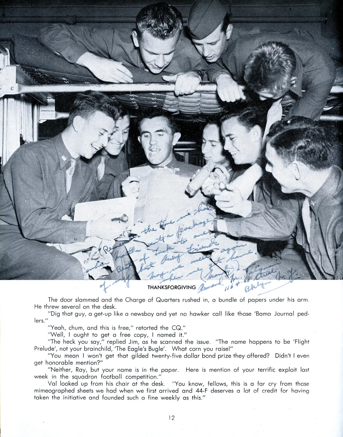 'Thanksforgiving' - Cadets Opening a Care Package in Barracks, with Squadron Newspaper Narrative, AAF Pre-Flight Training Booklet, Page 12