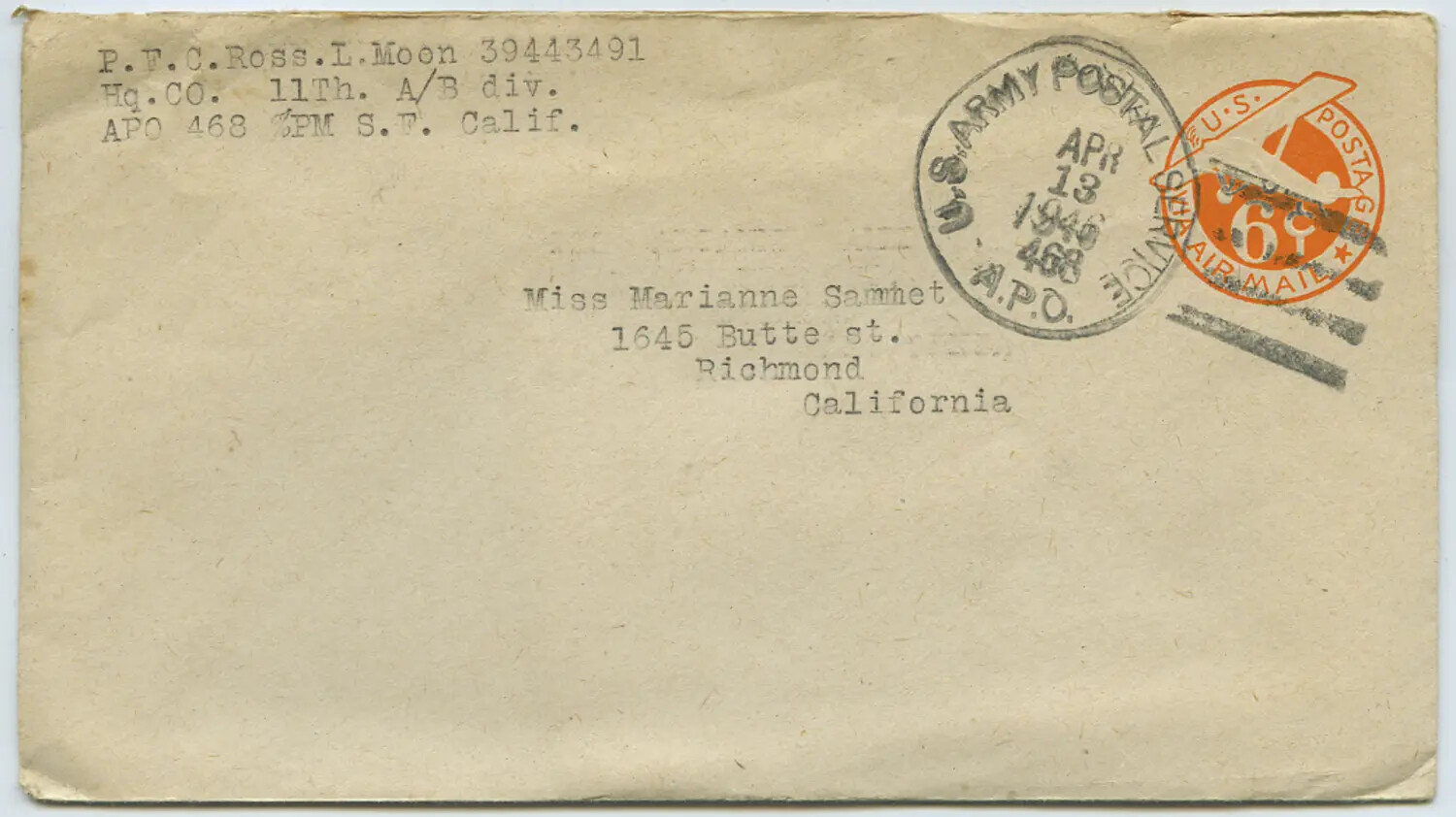 Airmail Envelope, PFC Ross L. Moon (11th Airborne Division) to Miss Marianne Sammet, APO 468, April 13, 1946