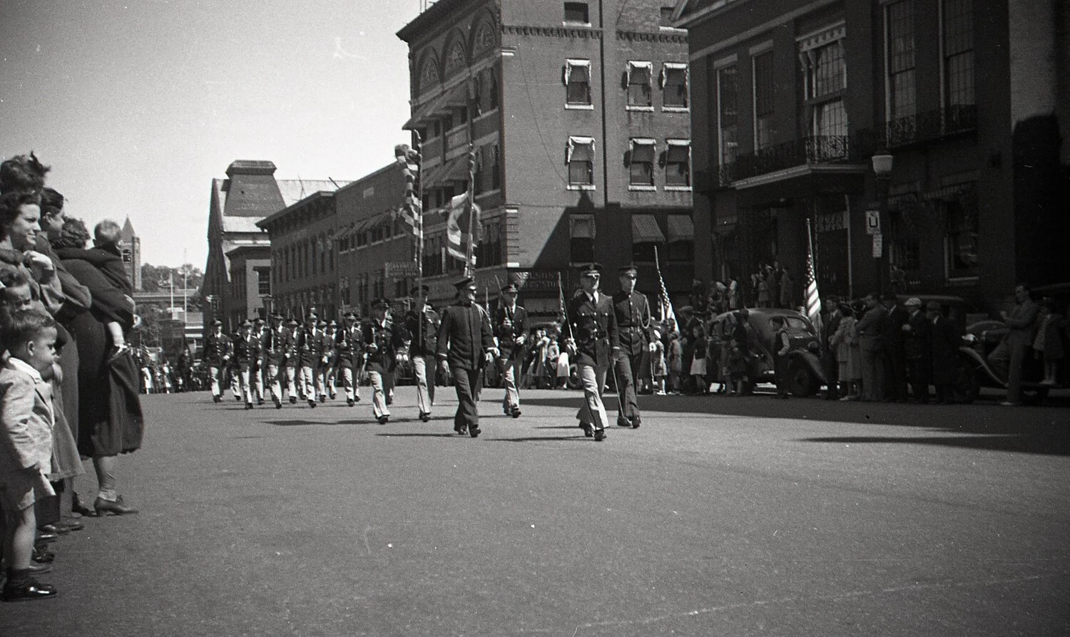 Marching Column and Band Approaching Municipal Building, Boston-Area Civic Parade, c. 1940s