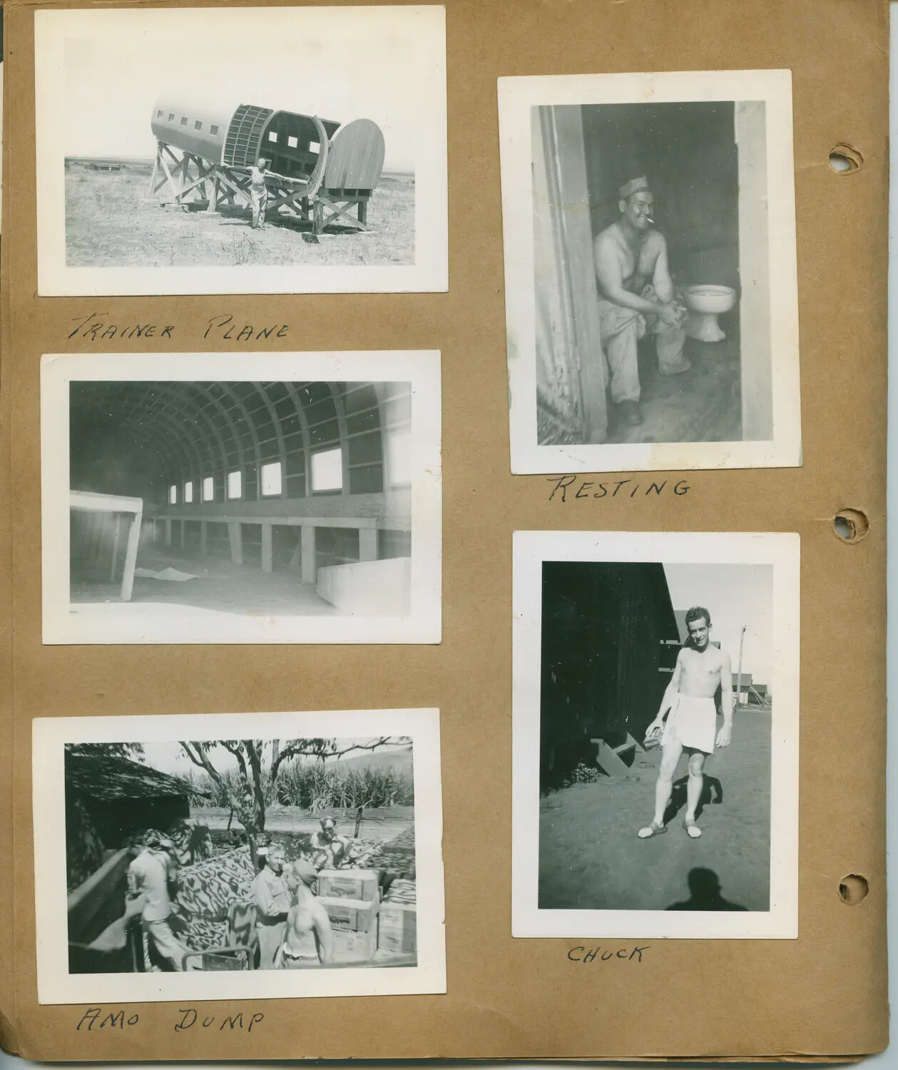 Soldier's Album Page: Trainer Mockup, Ammo Dump, Barracks Humor, and Portraits, Hawaii, WWII