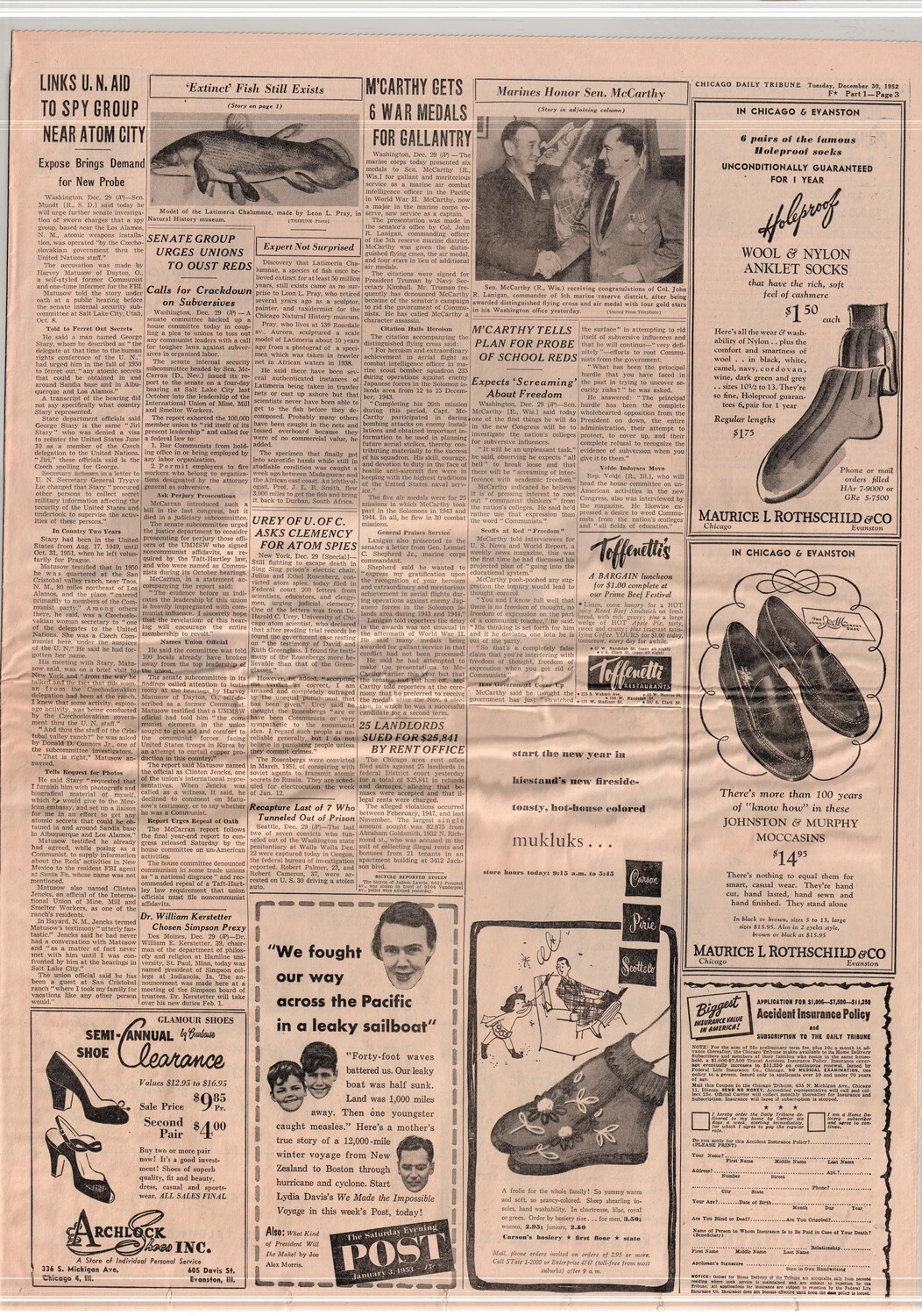Chicago Daily Tribune, Part 1, Page 3, Tuesday, December 30, 1952 — McCarthy Marine Corps Medals and Atomic Espionage Coverage
