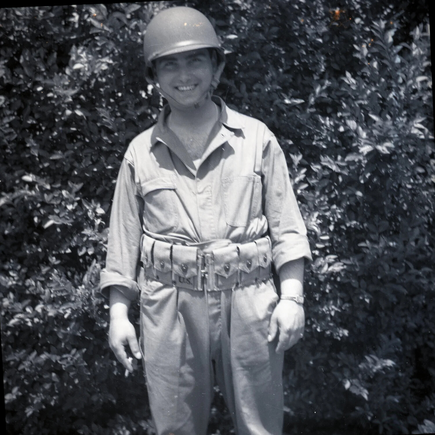 U.S. Army Soldier in Fatigues and M1 Helmet, WWII-Era Portrait
