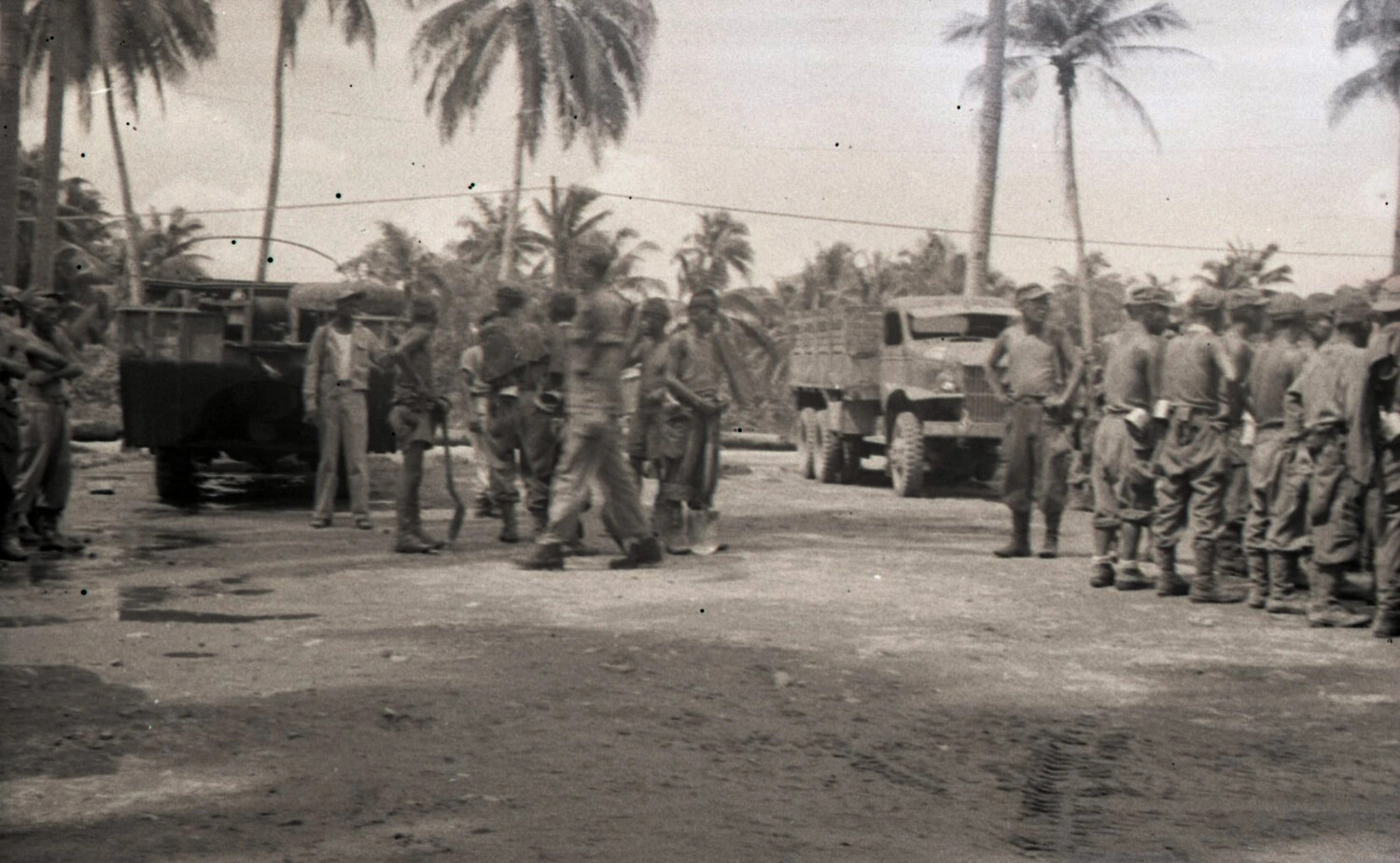 US Army Troops and Trucks on Palm-Lined Road, Luzon, Philippines, WWII