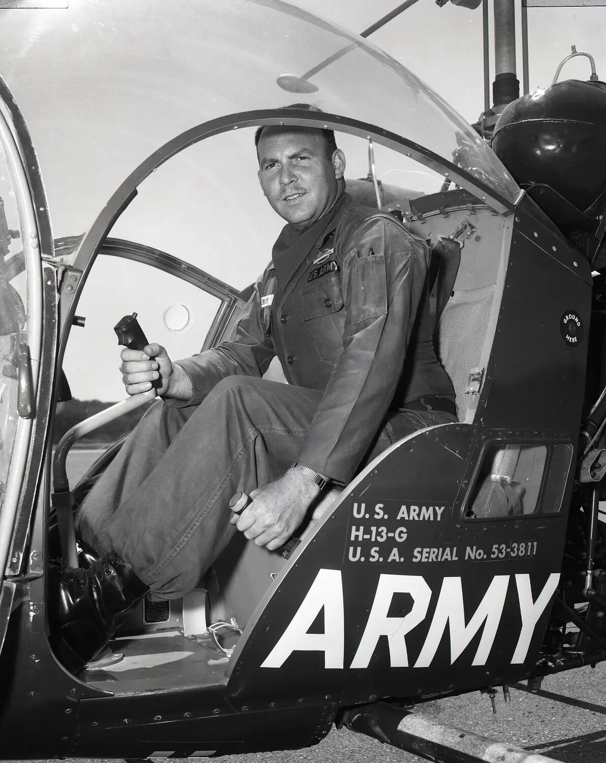 U.S. Army Bell H-13-G Sioux Helicopter Pilot in Cockpit, Serial No. 53-3811