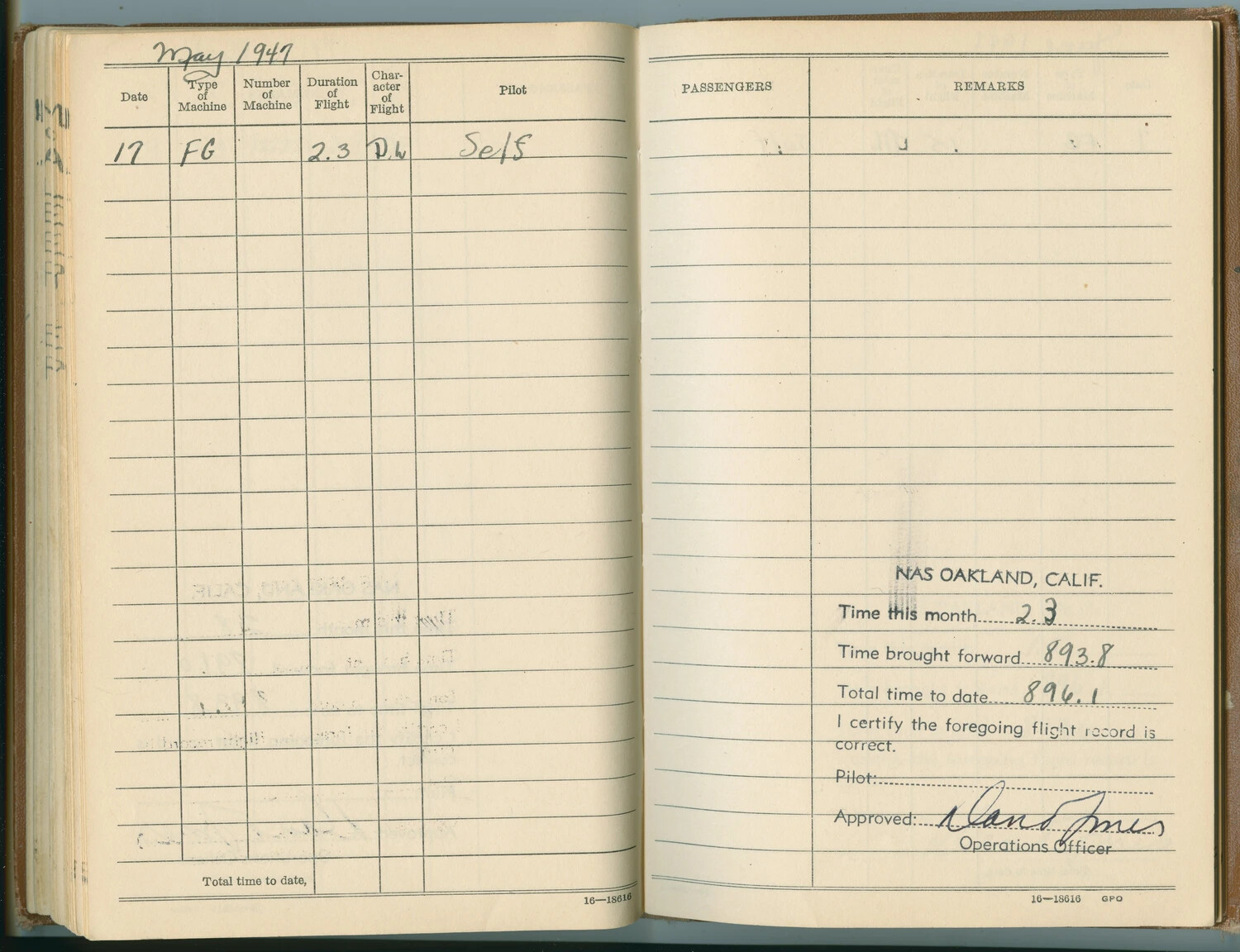Edward P. McAleer Pilot Flight Logbook, May 1947 - FG Corsair Flight, NAS Oakland, California