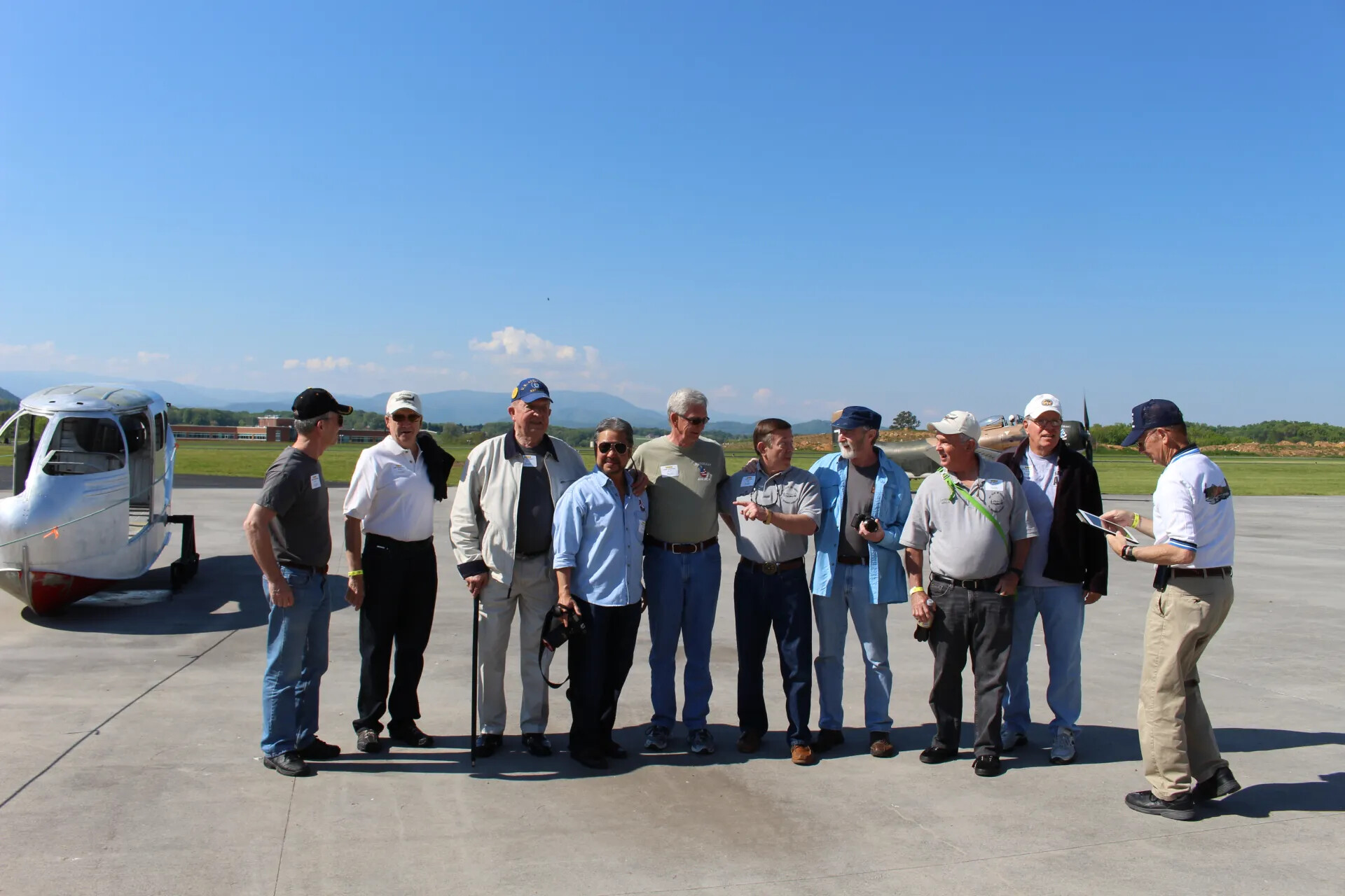 Reunion Group with Vintage Twin-Engine Aircraft on Ramp, 2 May 2015