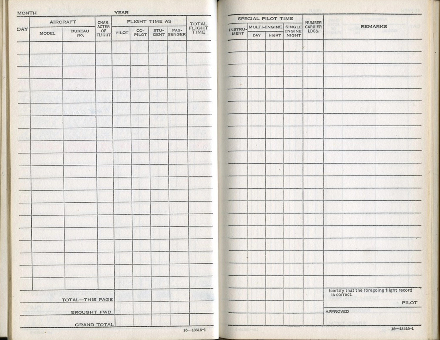 Blank Flight Logbook Page Spread, Lt. Bancroft Korean War Logbook Collection