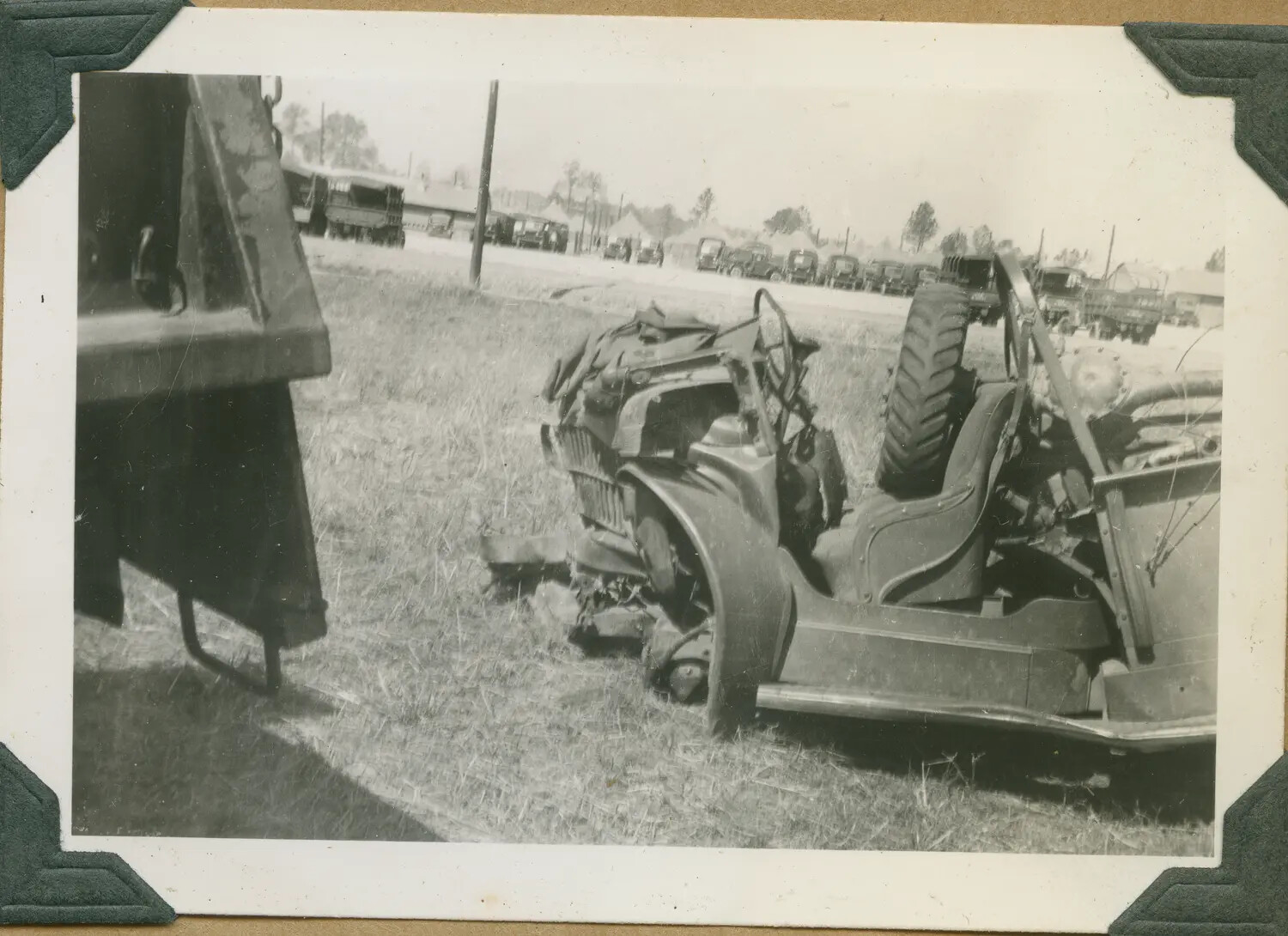 Wrecked Military Jeep in Motor Pool Field, Hawaii, WWII Era