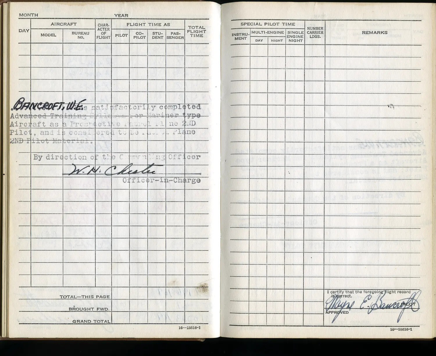 U.S. Navy Pilot Flight Logbook Page - Lt. W.E. Bancroft, PBM Mariner Advanced Training Certification, Korean War Era