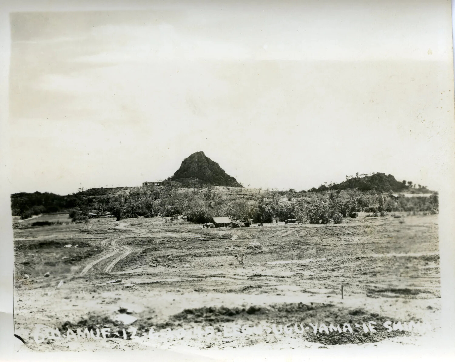 View of Iegusuku Peak ("The Pinnacle") and Bivouac Area, Ie Shima, Ryukyu Islands, 1945