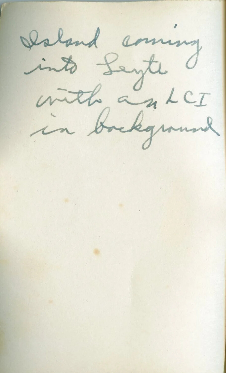 Handwritten Caption Card: 'Island Coming Into Leyte with an LCI in Background', WWII Philippines Campaign