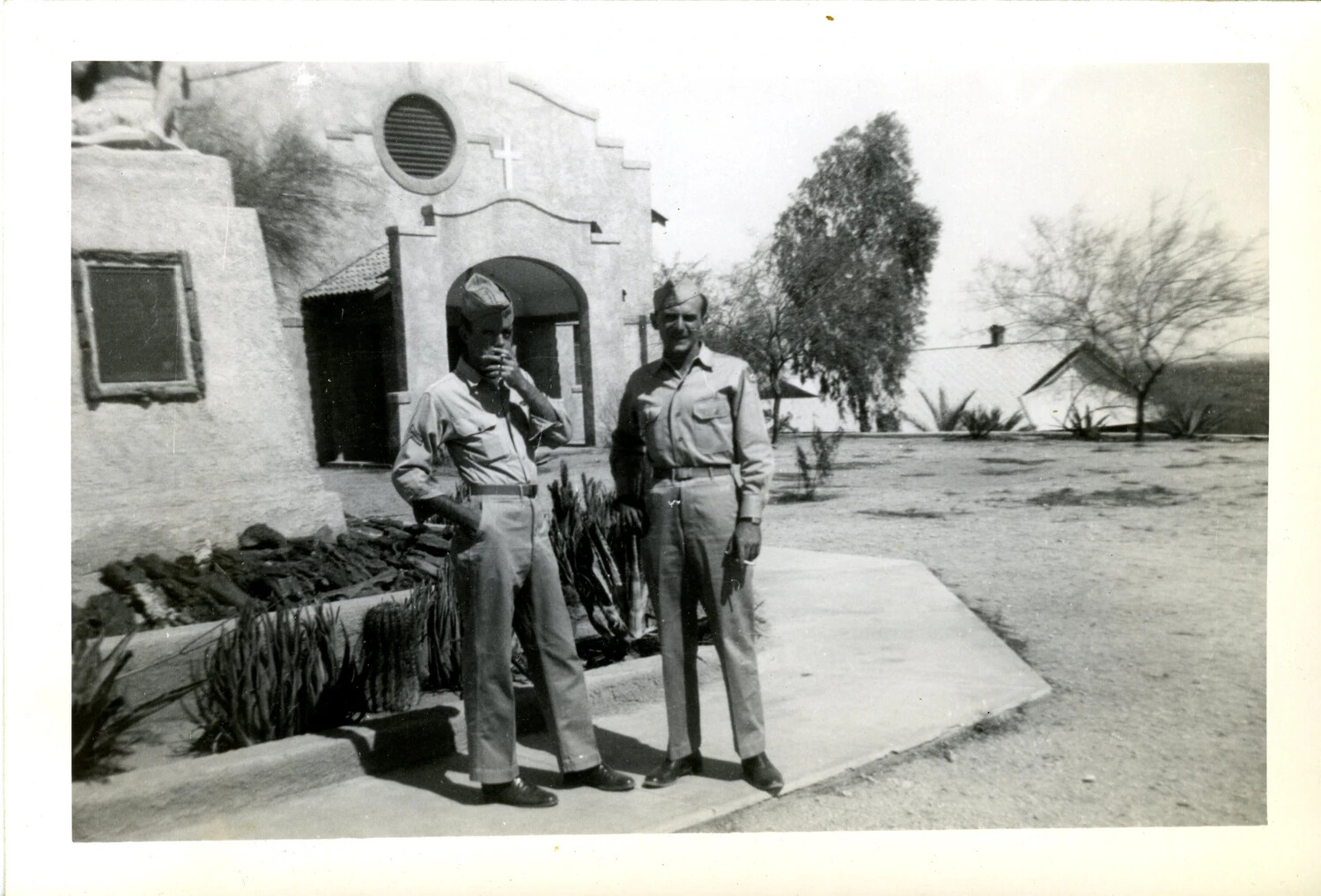 Servicemen Outside a Mission-Style Chapel, Stateside Training Base