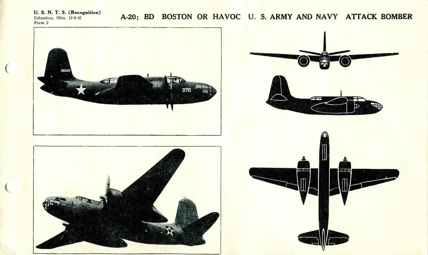 USNTS Aircraft Recognition Training Page: Douglas A-20/BD "Boston" or "Havoc" Attack Bomber (Form 2, 12-8-42)
