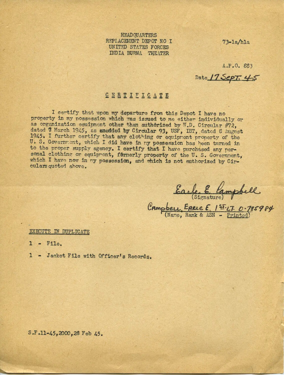 Certificate of No Government Property in Possession, 1st Lt. Earle E. Campbell, Replacement Depot No. 1, USF India Burma Theater, 17 September 1945