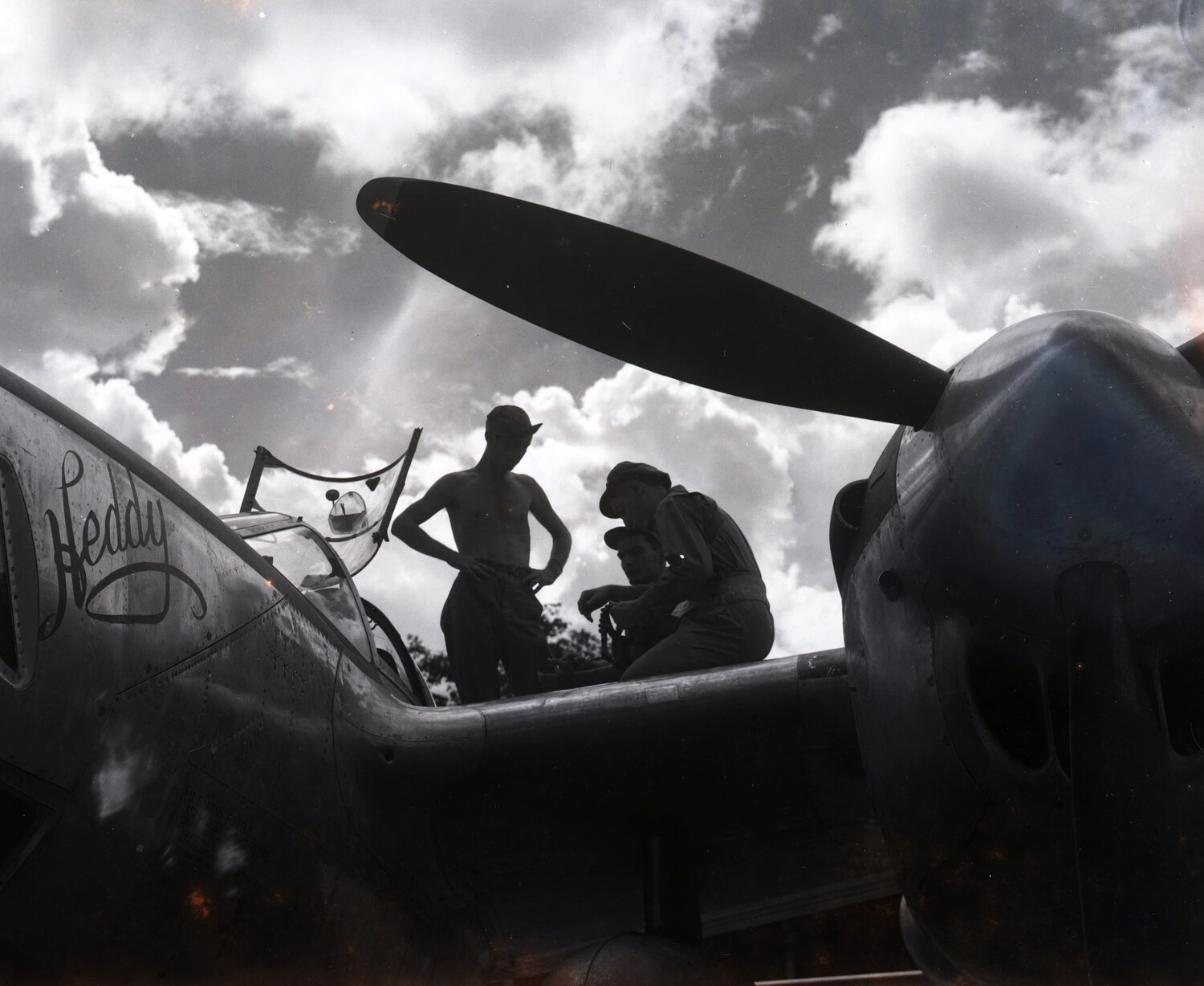 Nose Art "Heddy" and Ground Crew Silhouetted Against Sky, USAAF Fighter, China-Burma Theater, WWII