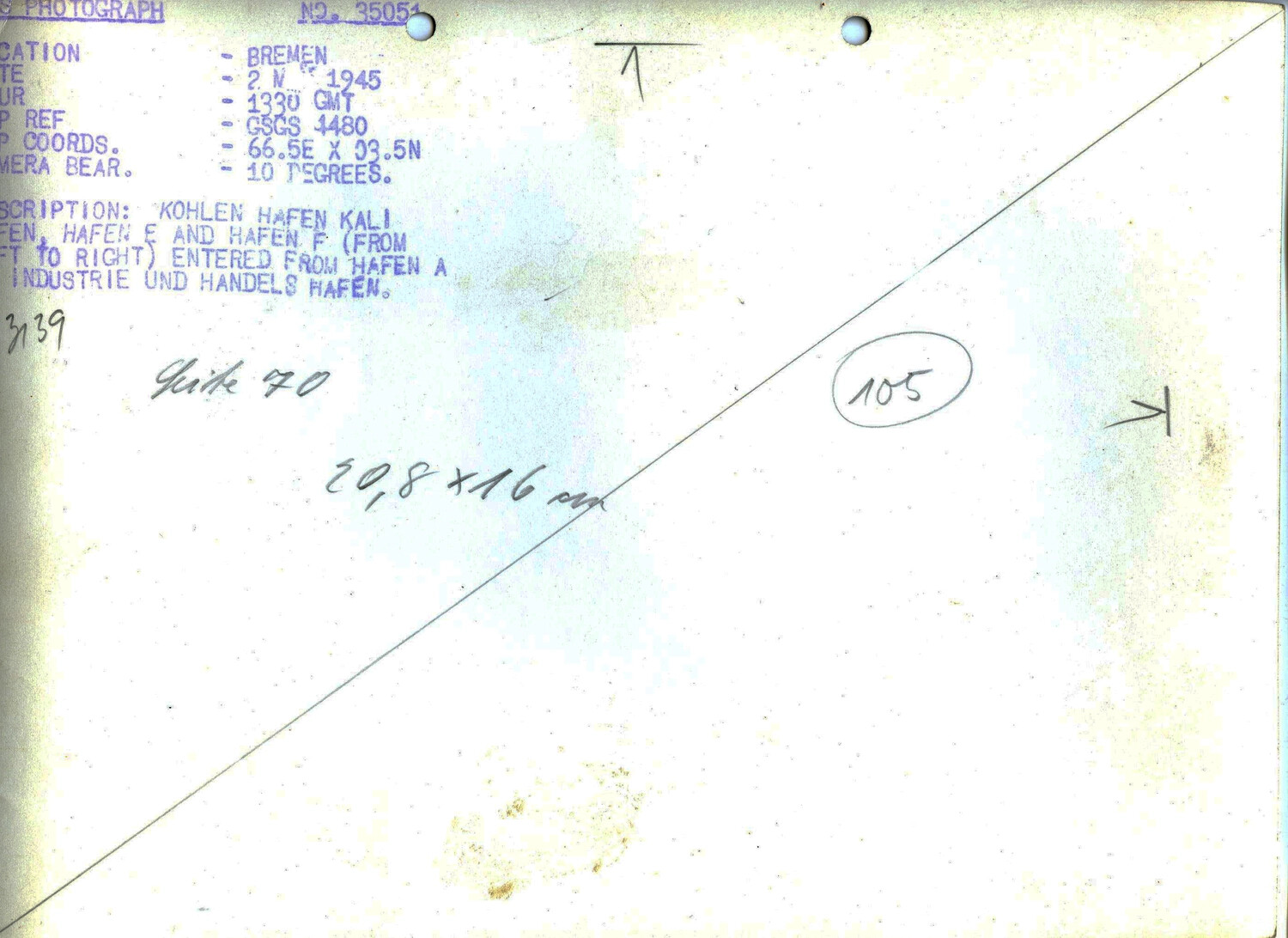 Verso of WWII Aerial Reconnaissance Photograph No. 35051 - Port of Bremen Harbor Basins, Germany