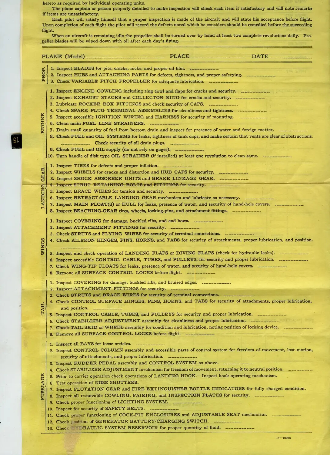 U.S. Navy/Marine Corps Aircraft Pre-Flight Inspection Checklist Form, Edward P. McAleer Collection