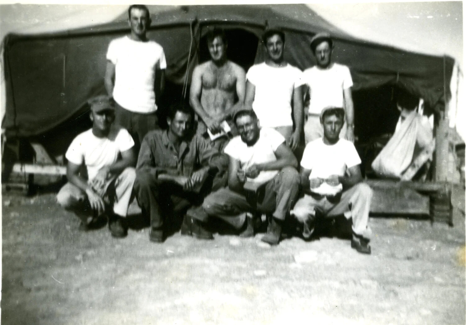 Group Portrait of Marines at Squad Tent, Pacific Theater, WWII