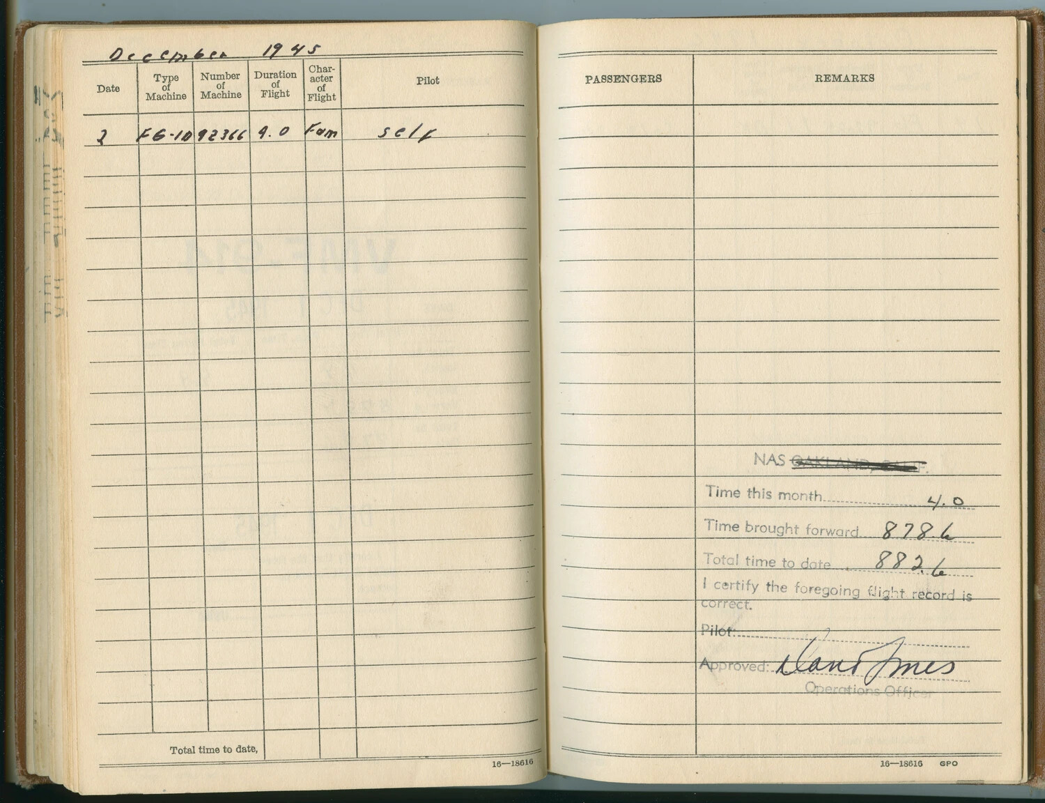 U.S. Navy Aviator's Flight Log Book Page - FG-1D Corsair Familiarization Flight, December 1945 (Pat McAleer Log Book, Jan 1942-Sept 1948)