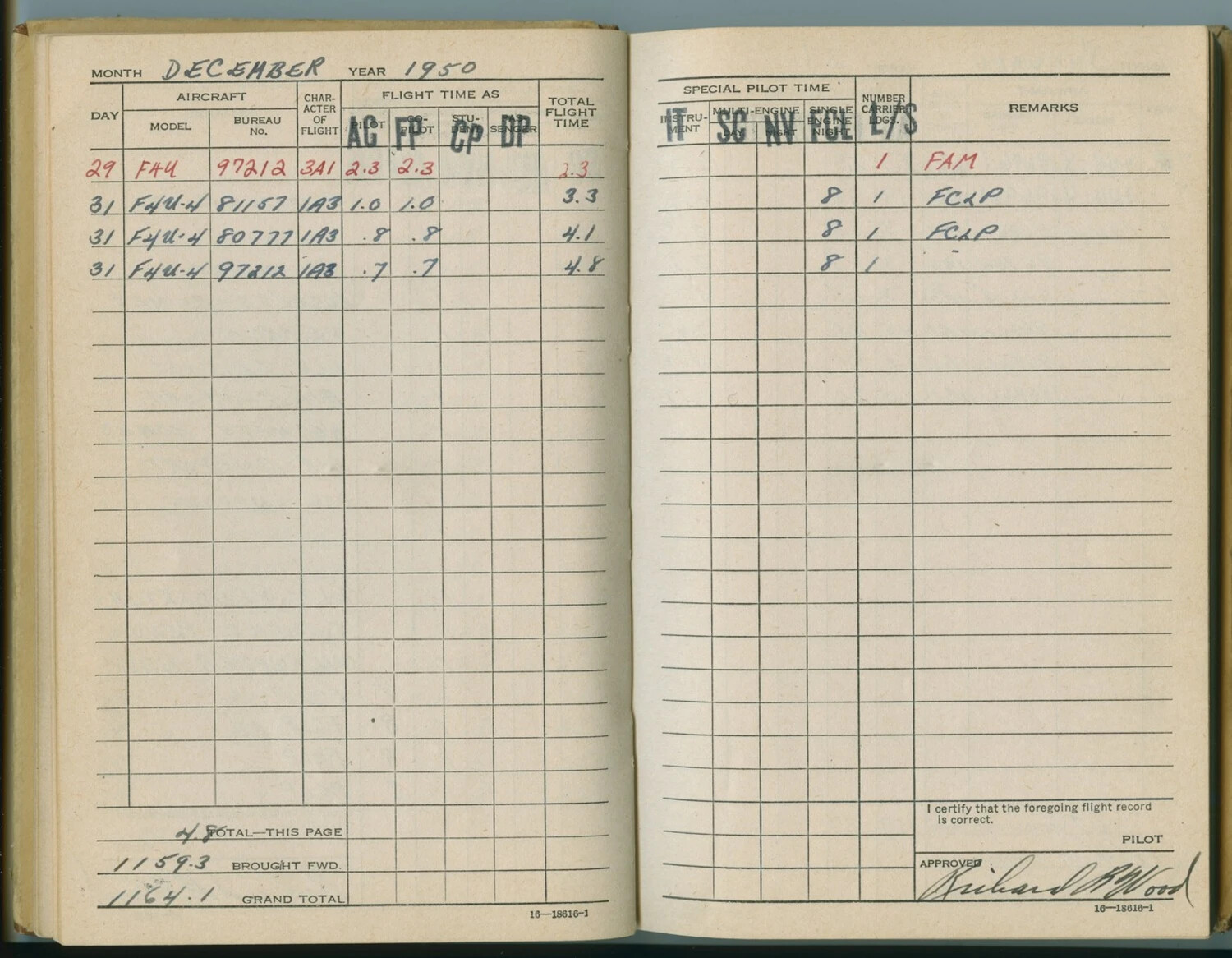 USMC Pilot Flight Log Book, December 1950 – F4U Corsair Carrier Qualification Entries