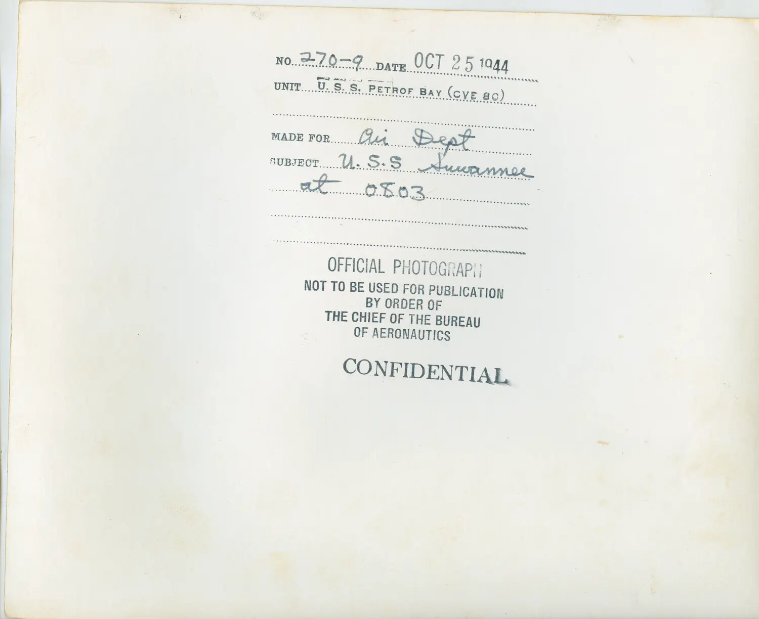U.S. Navy Official Photograph Caption Card, USS Petrof Bay (CVE-80), Subject USS Suwannee, October 25, 1944
