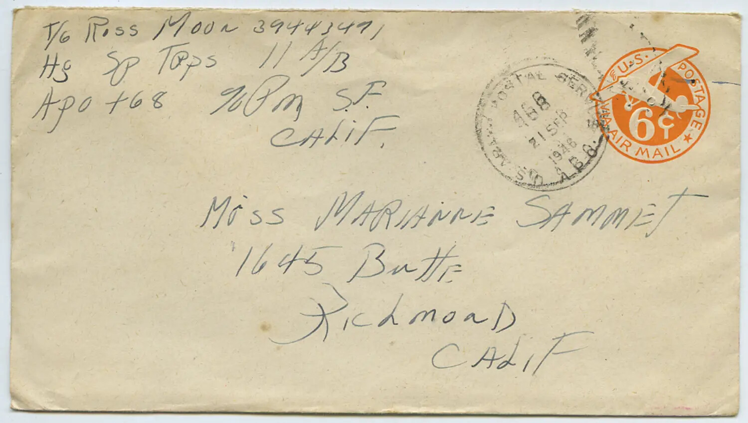 Airmail Envelope from T/6 Ross Moon (11th Airborne Division, APO 468, Occupied Japan) to Miss Marianne Sammiet, September 1946
