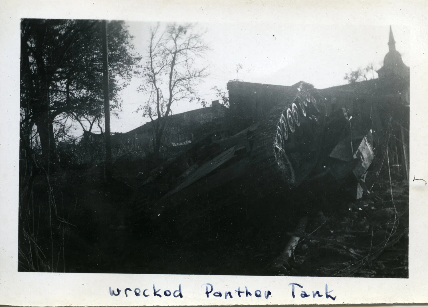 Wrecked German Panther Tank Near European Village, 44th Infantry Division, WWII