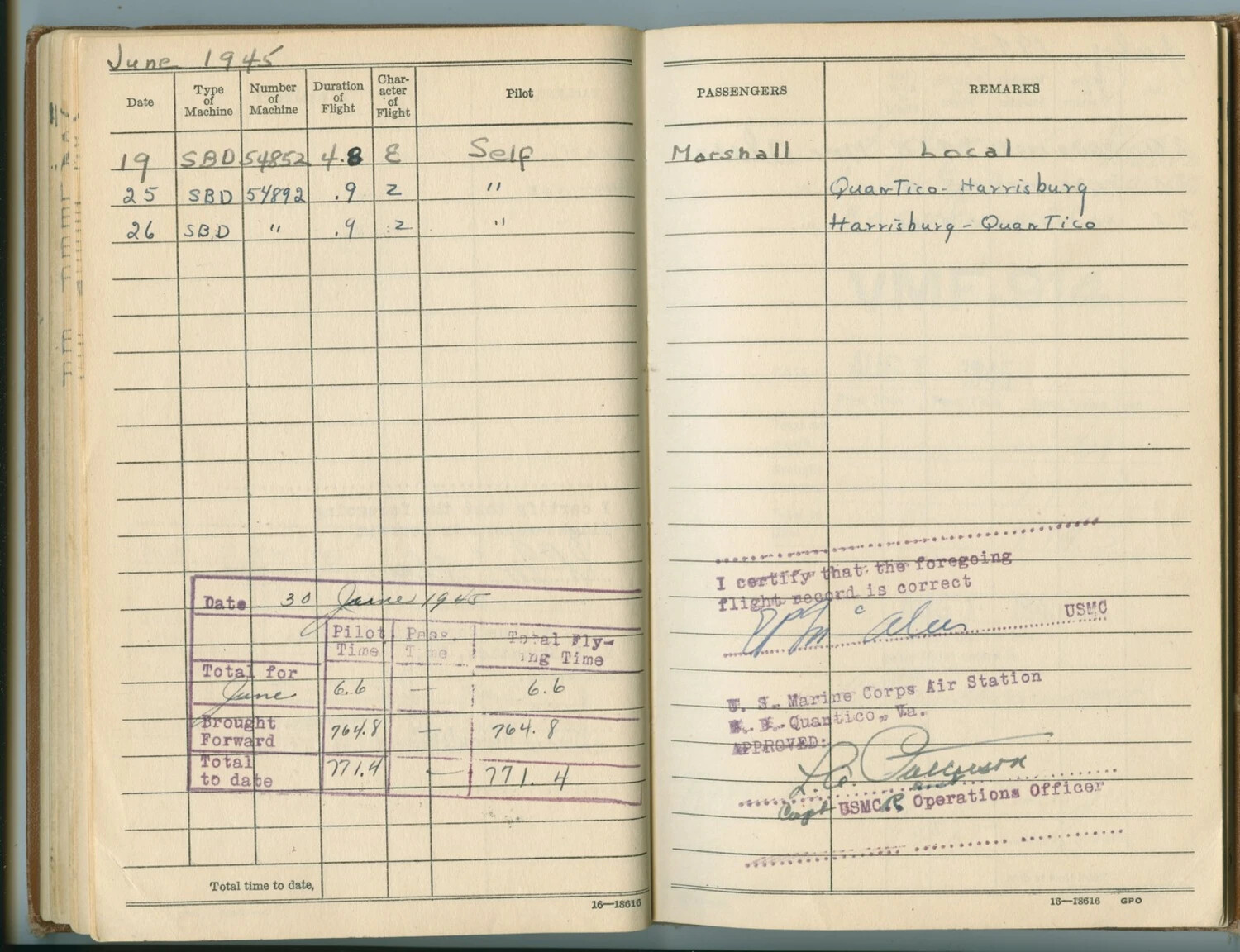 USMC Pilot's Flight Logbook Page, June 1945 — SBD Dauntless Flights, MCAS Quantico