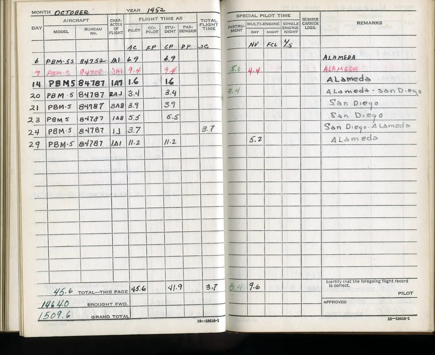 U.S. Navy Pilot's Flight Logbook, October 1952, PBM-5 Mariner Flights, Bancroft Collection