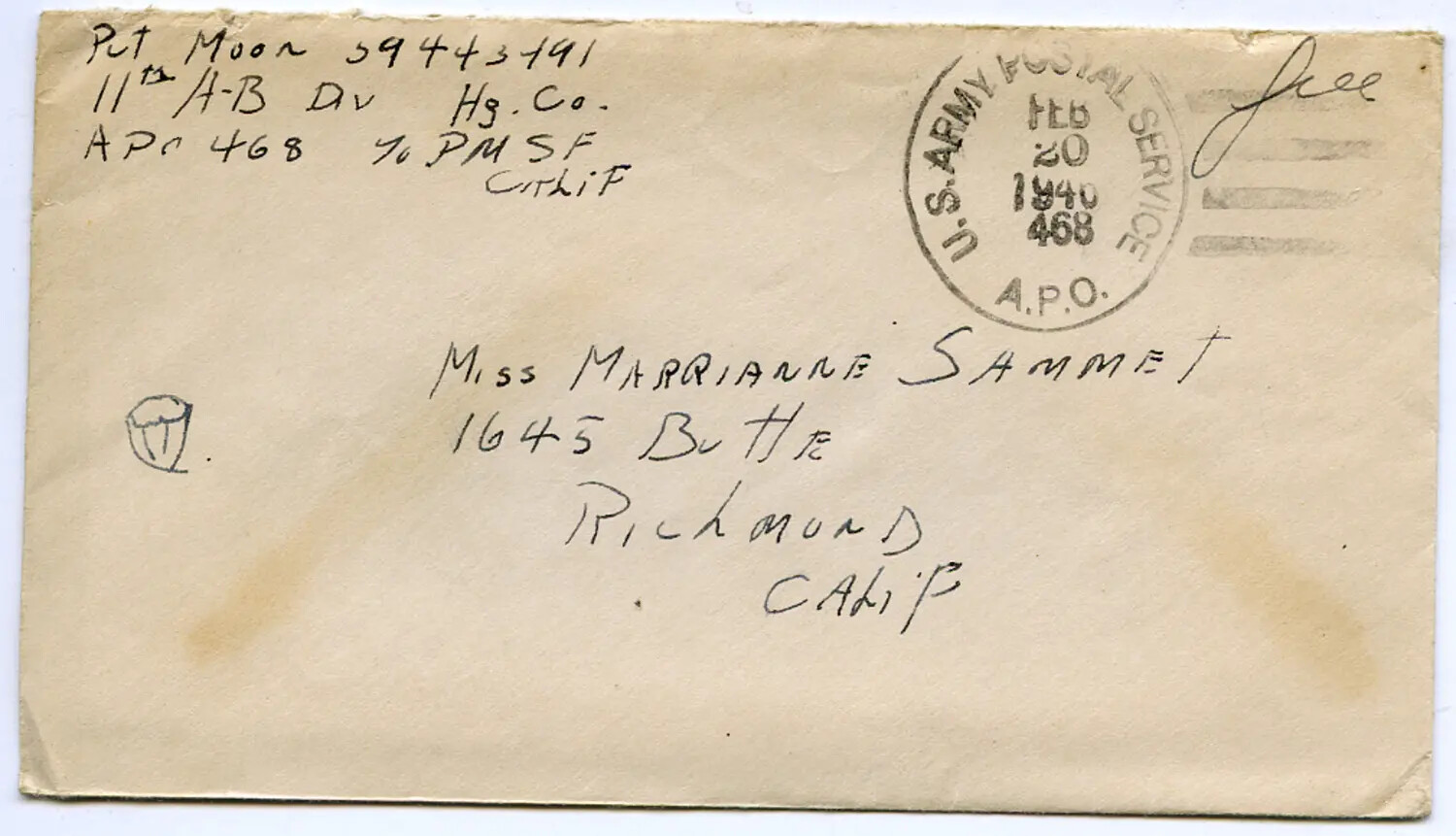 WWII Military Cover: Pvt. Moon, 11th Airborne Division, to Miss Marianne Sammet, Richmond, California