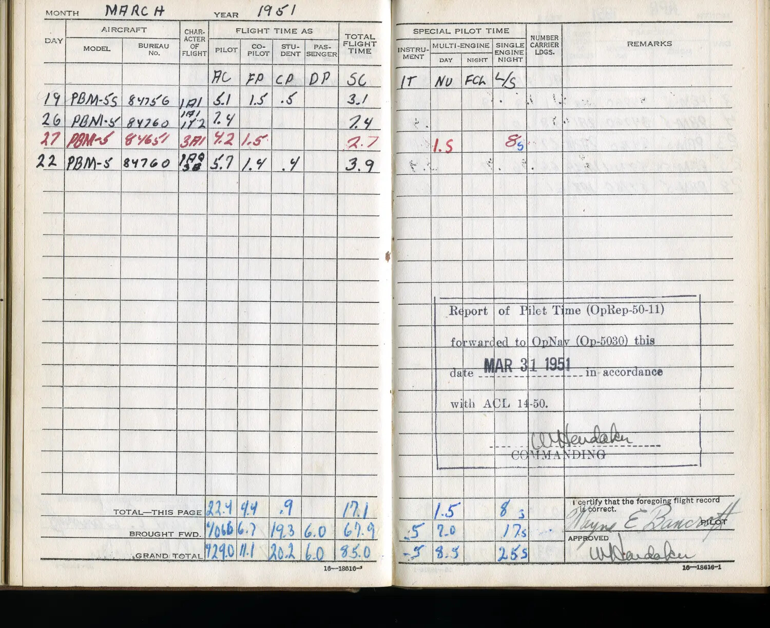 Naval Aviator's Flight Logbook Page - Lt. Wayne E. Bancroft, PBM Mariner Flights, March 1951