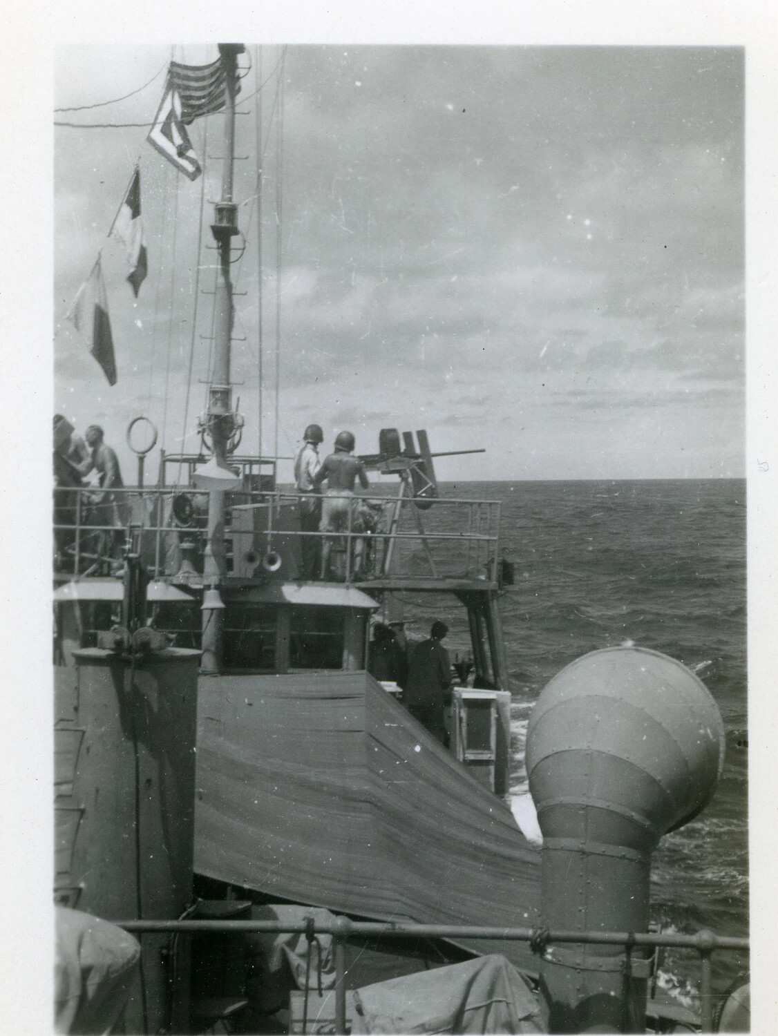 Small U.S. Navy Patrol Vessel Underway with Manned Gun Tub, Pacific Theater, WWII
