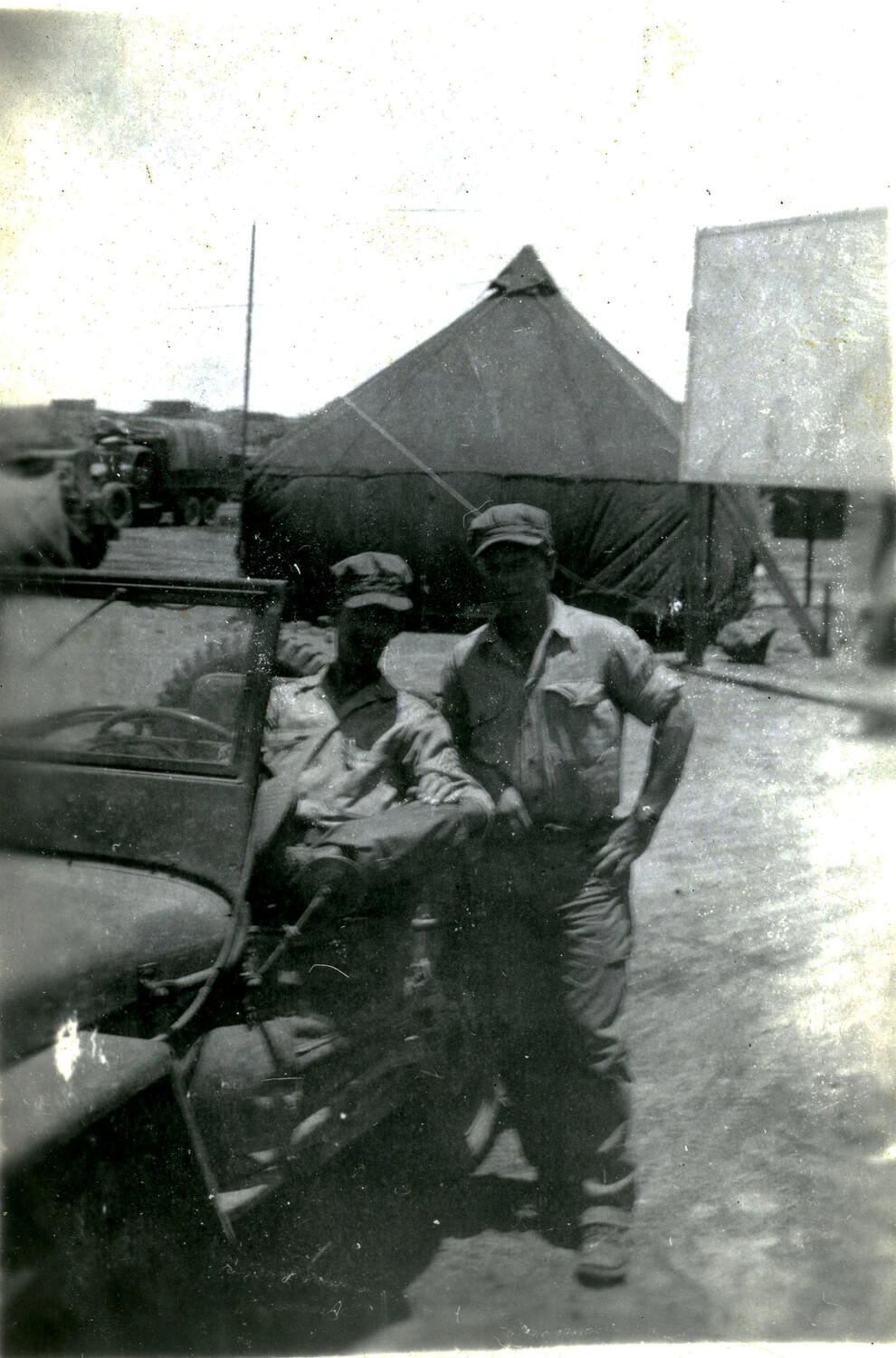 Two U.S. Marines with Motorcycle at Camp, 5th Marine Division, Iwo Jima Campaign, WWII