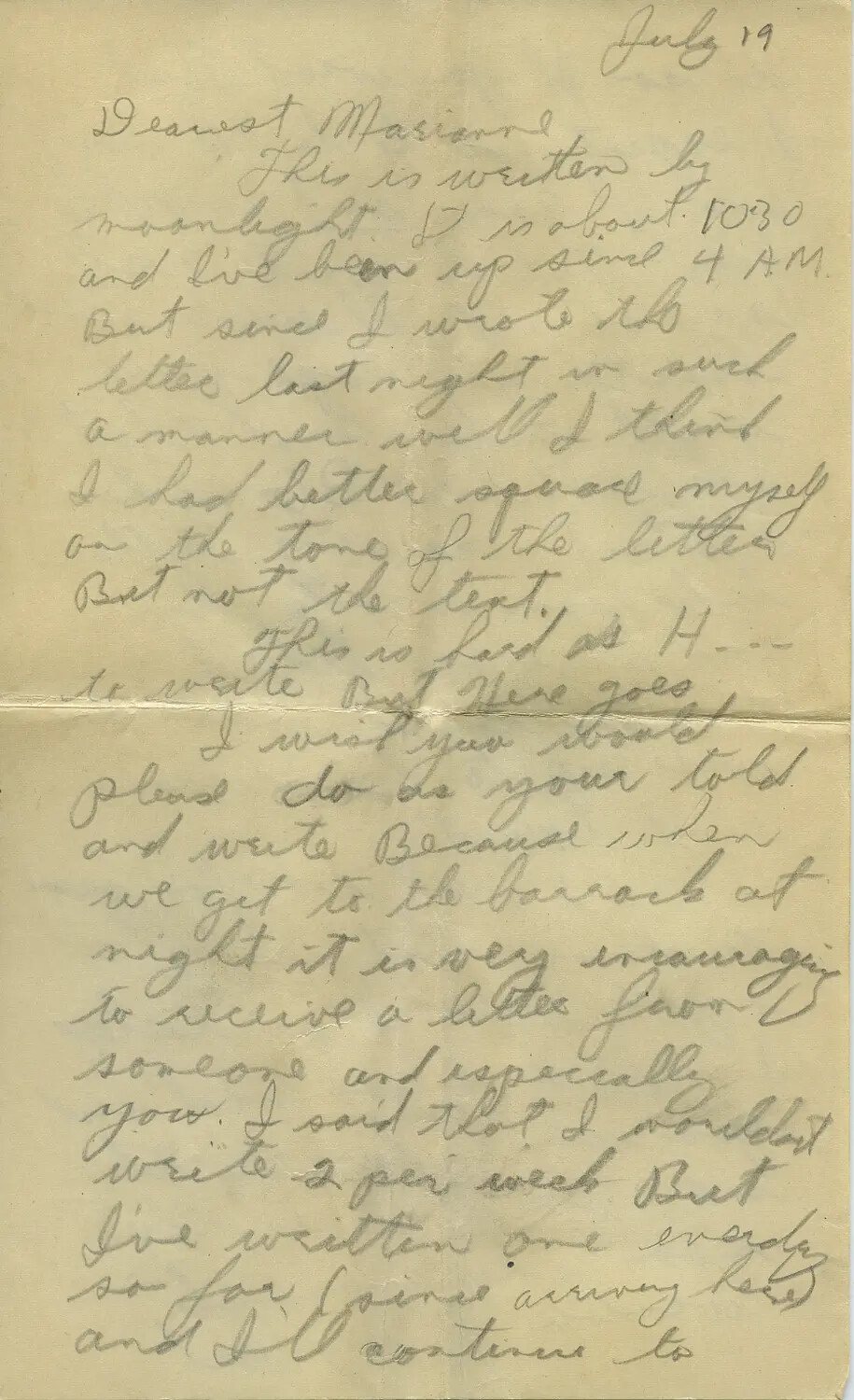 Handwritten WWII Personal Letter to 'Dearest Marianne,' Dated July 19 — Moon/Sammiet Correspondence Collection