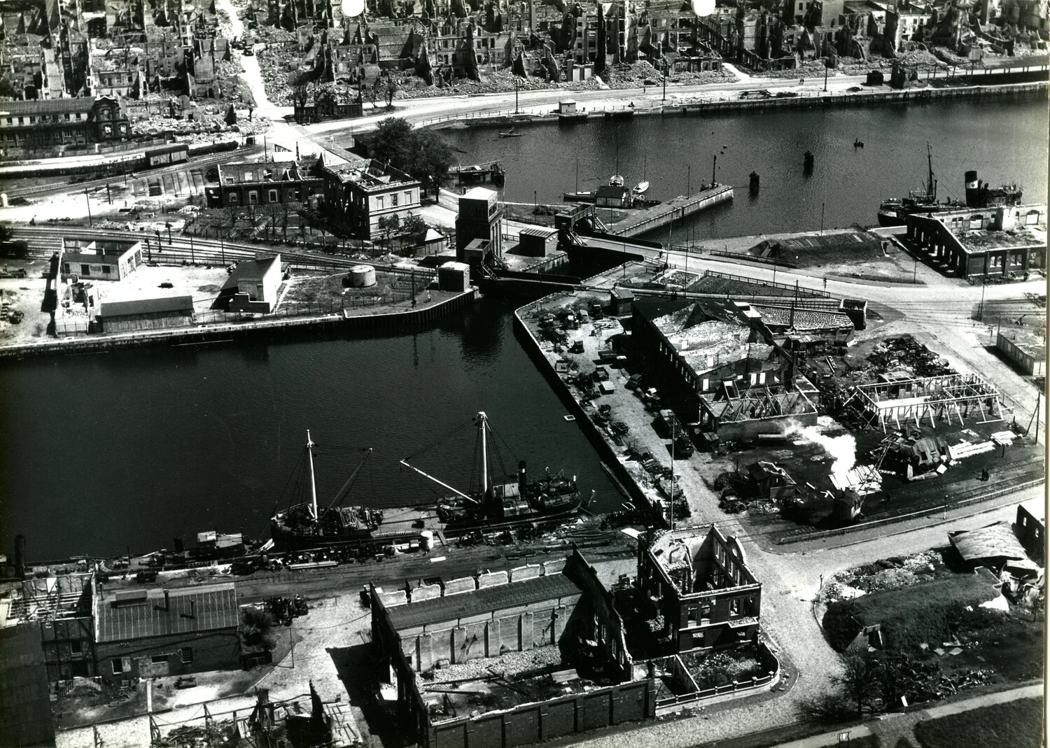 WWII Aerial Reconnaissance Photograph - Bomb-Damaged Harbor District and City Blocks, Bremen Area, Germany