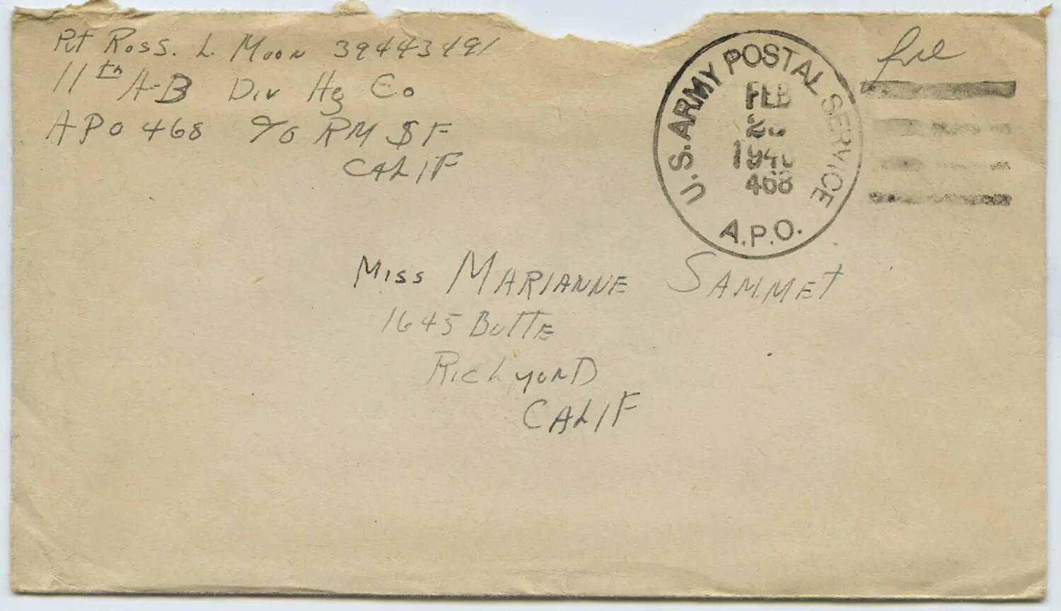 WWII Free-Mail Envelope from Pfc. Ross L. Moon, 11th Airborne Division, to Miss Marianne Sammet, February 1945