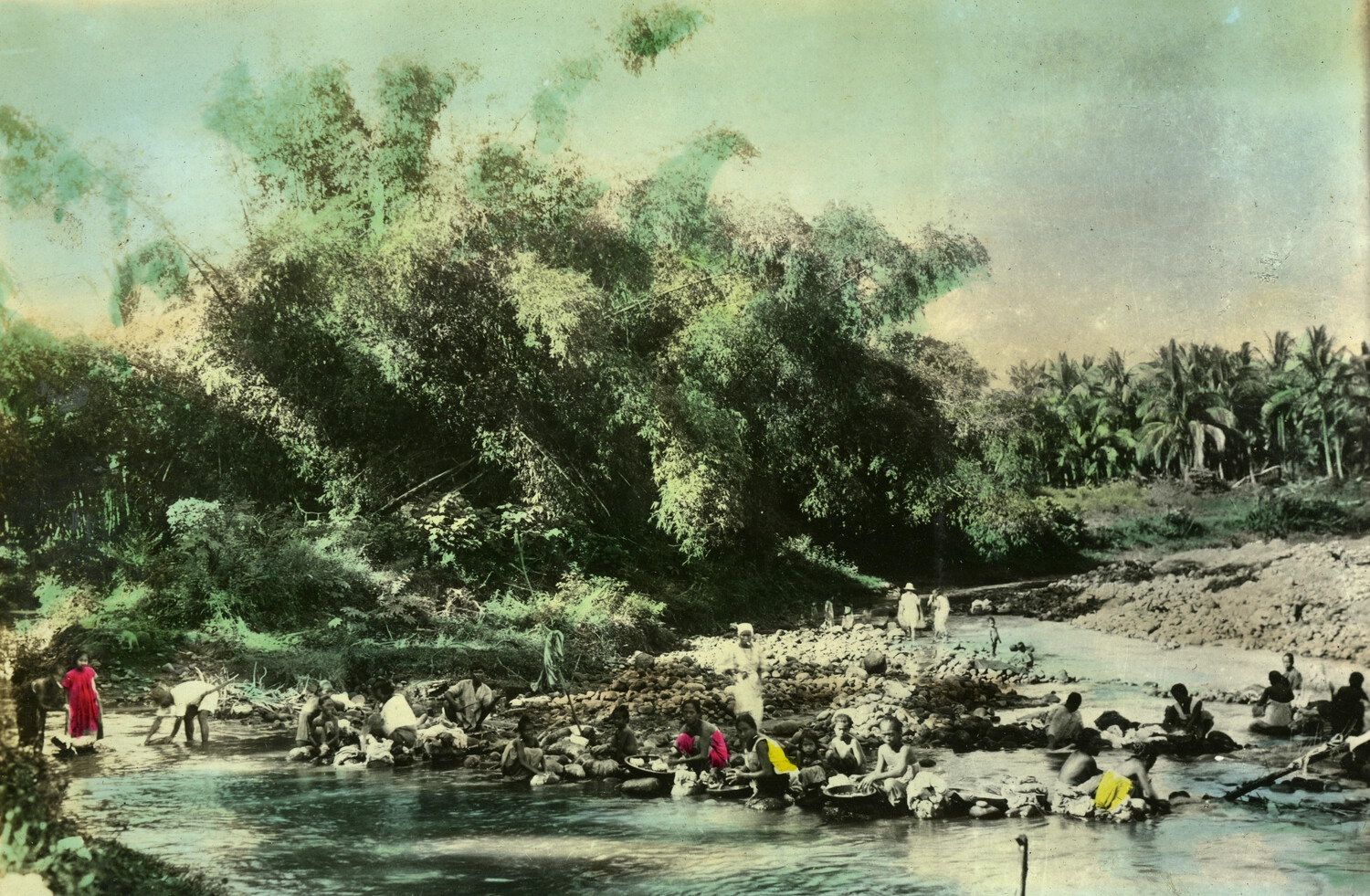 Hand-Tinted Photograph: Filipino Villagers Washing Clothes at a Riverbank, Manila Area